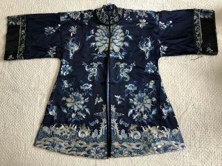 Antique Chinese Embroidered Blue Silk Robe Forbidden Stitch Peony Lishui Symbols