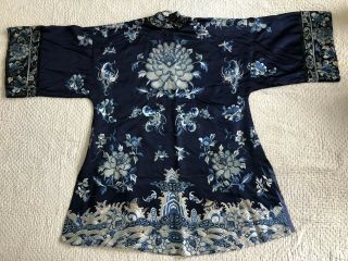 Antique Chinese Embroidered Blue Silk Robe Forbidden Stitch Peony Lishui Symbols 2