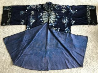 Antique Chinese Embroidered Blue Silk Robe Forbidden Stitch Peony Lishui Symbols 3