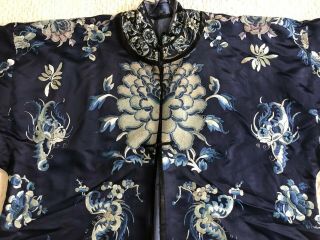 Antique Chinese Embroidered Blue Silk Robe Forbidden Stitch Peony Lishui Symbols 4