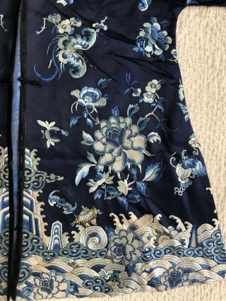 Antique Chinese Embroidered Blue Silk Robe Forbidden Stitch Peony Lishui Symbols 5