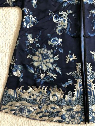 Antique Chinese Embroidered Blue Silk Robe Forbidden Stitch Peony Lishui Symbols 6