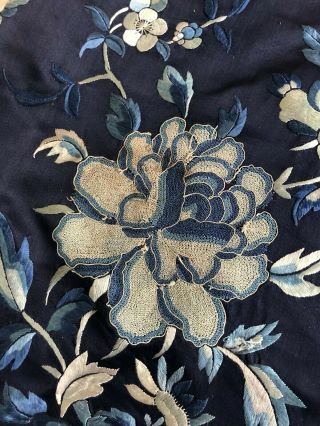 Antique Chinese Embroidered Blue Silk Robe Forbidden Stitch Peony Lishui Symbols 7