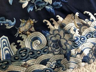 Antique Chinese Embroidered Blue Silk Robe Forbidden Stitch Peony Lishui Symbols 8