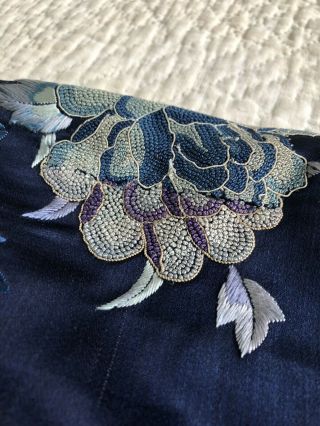 Antique Chinese Embroidered Blue Silk Robe Forbidden Stitch Peony Lishui Symbols 9