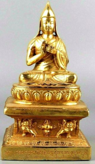 Antique Chinese Gold Gilt Monk Buddha Statue On Foo Dog Lotus Flower Stand Rare