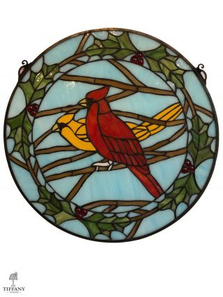 Tiffany Style Round 17 " Multi - Color Glass Window Panel With Cardinal Birds.