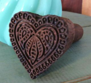 Primitive Carved Wood Farmhouse Heart W Paisleys & Lace Butter Mold Stamp Press