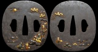 SIGNED Chinese Story TSUBA 18 - 19thC Japanese Antique Edo Koshirae 2