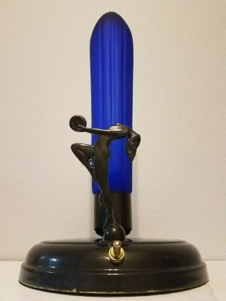 Art Deco Frankart Style Nymph Woman W/ Cobalt Blue Blimp Tower Shade