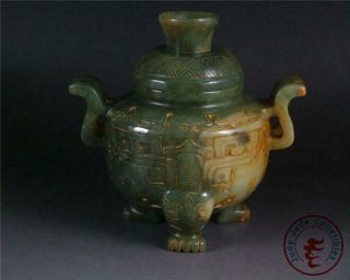 Old Chinese Celadon Nephrite Jade Carved Tripod Vase Pot Incense Burner Statue