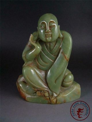 Large Old Chinese Celadon Nephrite Jade Carved Statue Buddha Blessing