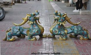 China Feng Shui Bronze Cloisonne Enamel Pixiu Unicorn Guardian Beast Statue Pair