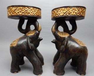 Hand Carved Thai Elephants Stand In Teakwood,  Gilt Finish,  Stones 16 "