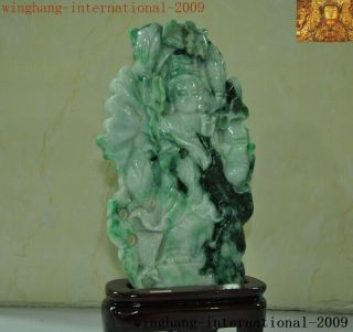 Natural Emerald Jade Jadeite carved lotus Kwan - Yin GuanYin goddess Buddha statue 5