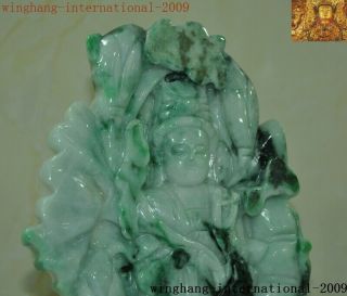 Natural Emerald Jade Jadeite carved lotus Kwan - Yin GuanYin goddess Buddha statue 6