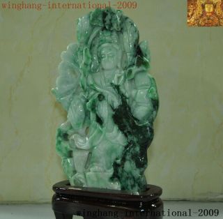 Natural Emerald Jade Jadeite carved lotus Kwan - Yin GuanYin goddess Buddha statue 8