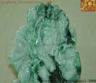 Natural Emerald Jade Jadeite carved lotus Kwan - Yin GuanYin goddess Buddha statue 9