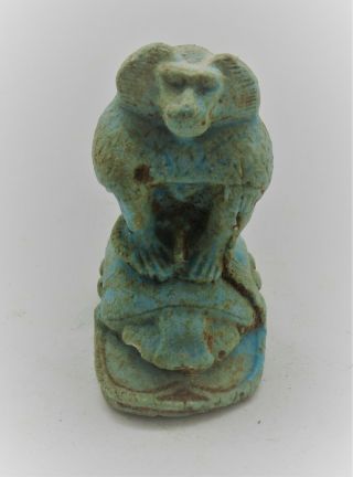 Ancient Egyptian Faience Amulet Thoth Seated On Top Of A Scarab Rare
