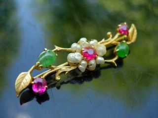 An Exquisite Antique Chinese 22k Gold,  Jadeite,  Ruby & Pearl Pin W Marking