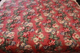 Antique French Chintz Style Maroon Fabric White Flower Quilt Bedspread