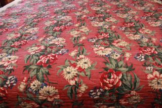 Antique French Chintz Style Maroon Fabric White Flower Quilt Bedspread 2