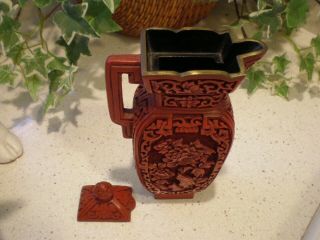 Vintage Chinese Cinnabar Covered Pitcher 6