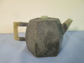 Chinese Antique Early Pewter Tea Pot W/ Stone Spout & Handle