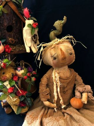 Primitive Folk Art Pumpkin Girl " Little Ms Rags " Hand Stitched Tattered Magnolia
