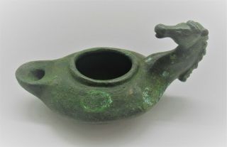 Finest Circa 200 - 400ad Roman Bronze Oil Lamp With Animal Head Terminal Rare