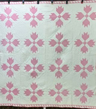 Vtg Antique Quilt Handmade Pastel Pink White Bear Paw Saw Tooth Shabby 1920 