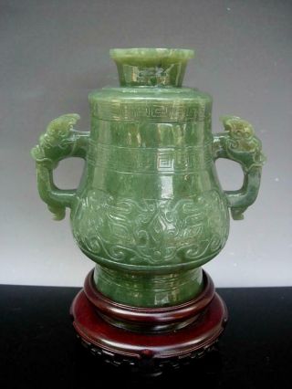 Chinese Spinach Green Jade Vase/censer And Cover