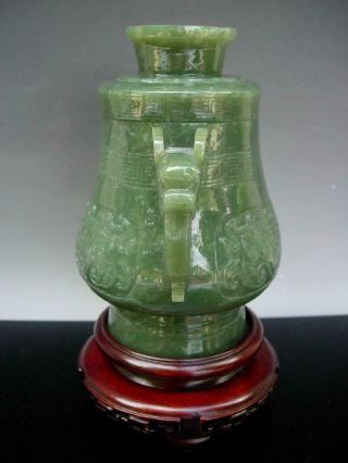 CHINESE SPINACH GREEN JADE VASE/CENSER AND COVER 2