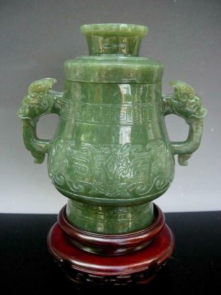 CHINESE SPINACH GREEN JADE VASE/CENSER AND COVER 3