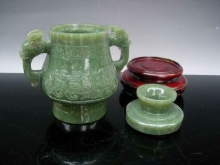 CHINESE SPINACH GREEN JADE VASE/CENSER AND COVER 4