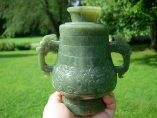 CHINESE SPINACH GREEN JADE VASE/CENSER AND COVER 5