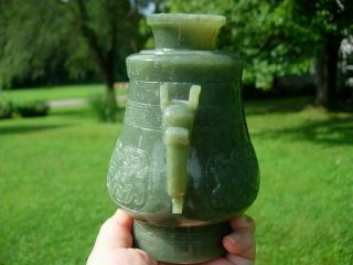 CHINESE SPINACH GREEN JADE VASE/CENSER AND COVER 6