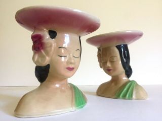 VTG 1940 ' S HAWAIIAN POLYNESIAN WOMAN SHAWNEE ART POTTERY CERAMIC VASES - A PAIR 3