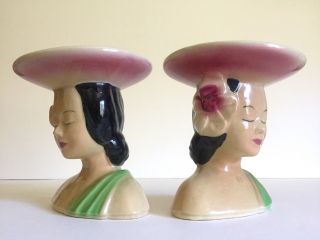 VTG 1940 ' S HAWAIIAN POLYNESIAN WOMAN SHAWNEE ART POTTERY CERAMIC VASES - A PAIR 4