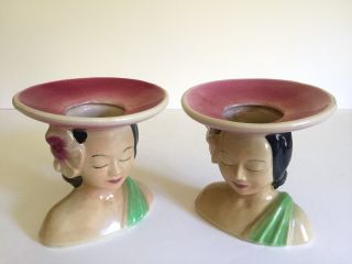 VTG 1940 ' S HAWAIIAN POLYNESIAN WOMAN SHAWNEE ART POTTERY CERAMIC VASES - A PAIR 7