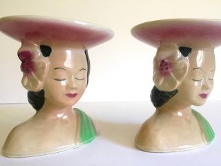 VTG 1940 ' S HAWAIIAN POLYNESIAN WOMAN SHAWNEE ART POTTERY CERAMIC VASES - A PAIR 8