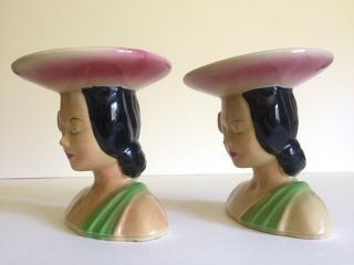 VTG 1940 ' S HAWAIIAN POLYNESIAN WOMAN SHAWNEE ART POTTERY CERAMIC VASES - A PAIR 9