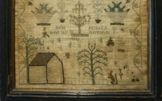 LATE 18TH CENTURY COTTAGE,  MOTIF & VERSE SAMPLER BY SARAH KENDRICK - 1788 8