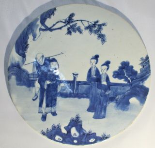 Antique Chinese Round Blue & White Porcelain Plaque - 4 People Scene