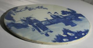 Antique Chinese Round Blue & White Porcelain Plaque - 4 people scene 3