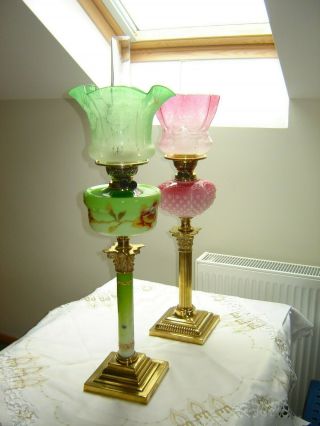 A Pink Design Victorian Oil Lamp & A Green Design Victorian Oil Lamp