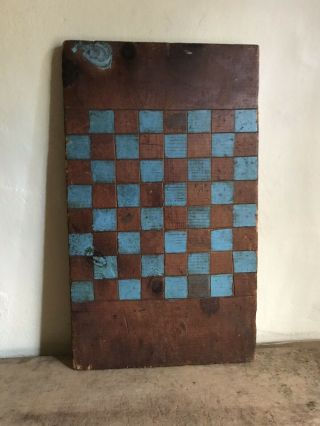 Early Antique Handmade Wooden Checkerboard Robin’s Egg Blue Paint Aafa Large