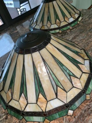 Lrg Stained / Leaded Slag & Textured Glass W/ Cabochons Lamp Shade Arts & Crafts 10