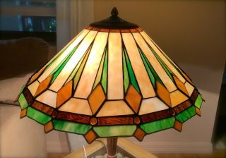 Lrg Stained / Leaded Slag & Textured Glass W/ Cabochons Lamp Shade Arts & Crafts