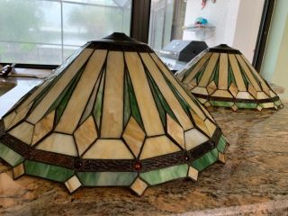 Lrg Stained / Leaded Slag & Textured Glass W/ Cabochons Lamp Shade Arts & Crafts 2